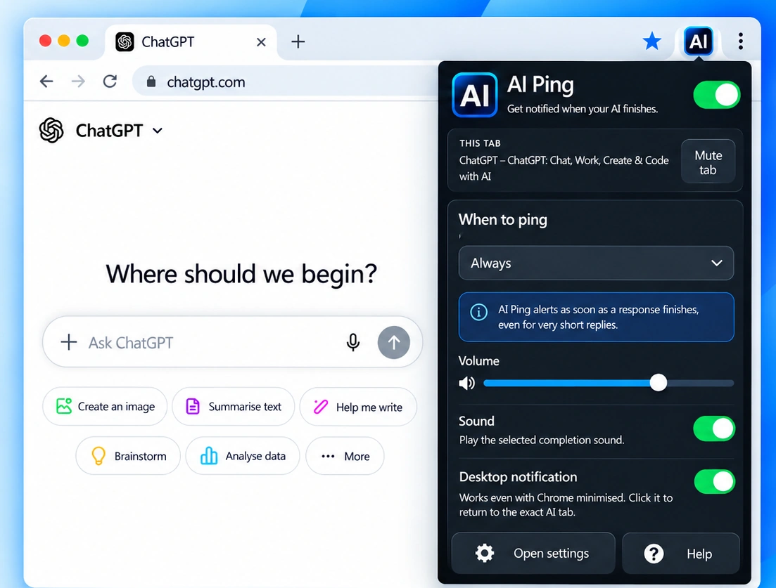 AI Ping popup next to a ChatGPT browser tab, showing sound alerts, tab muting and desktop notification settings